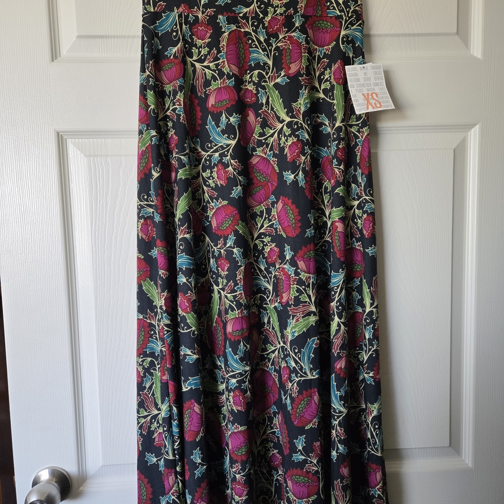 LuLaRoe Black Maxi Skirt with Pink and Green Floral Design